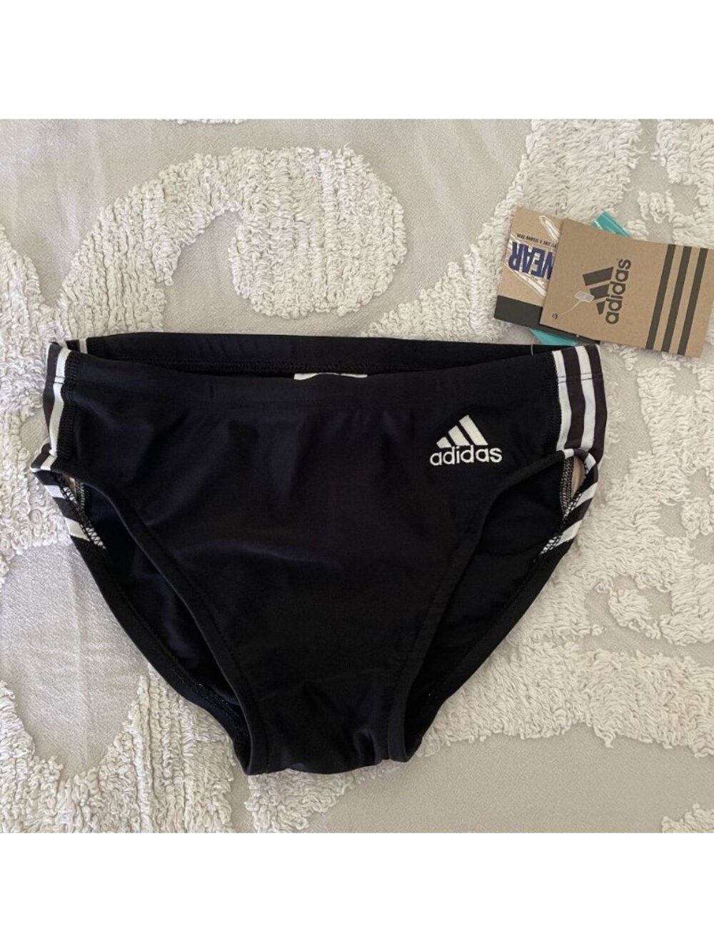 ADIDAS Girl's 30 Black White Stripe Swim Bottoms Tie Waist Swim Team Vintage NEW